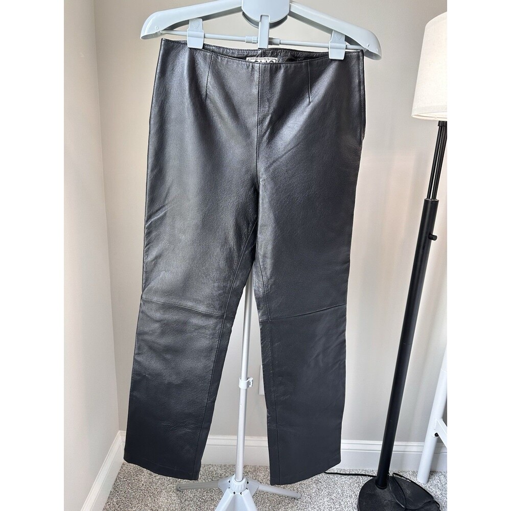 Vintage Clio Leather Pants Black Straight Leg Side Zipper Lined Size 8 90s Y2K